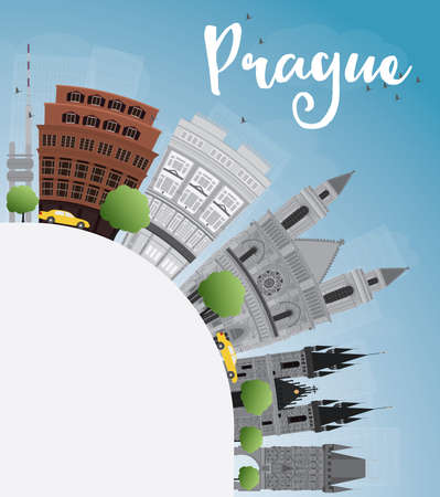 Prague skyline with grey landmarks, blue sky and copy space.のイラスト素材