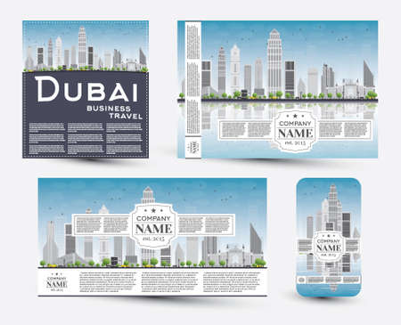 Corporate Identity templates set with Dubai skyline. Vector illustration. Business travel and tourism concept with place for text. Image for presentation, banner, placard and web site.のイラスト素材