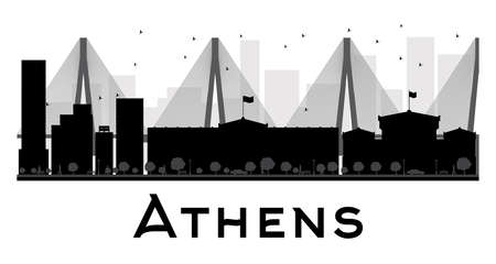 Athens City skyline black and white silhouette. Vector illustration. Simple flat concept for tourism presentation, banner, placard or web site. Business travel concept. Cityscape with famous landmarksのイラスト素材