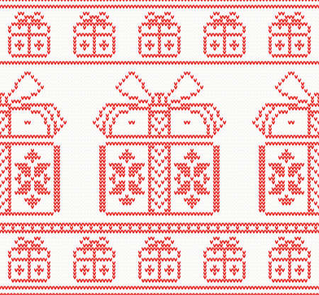 Knitted pattern with gift boxes. Vector illustration. Seamless pattern in red color. Christmas holiday concept for paper, fabric or web site. New year invitation cardのイラスト素材