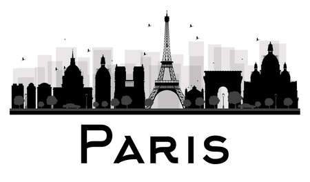 Paris City skyline black and white silhouette. Vector illustration. Simple flat concept for tourism presentation, banner, placard or web site. Business travel concept. Cityscape with famous landmarksのイラスト素材
