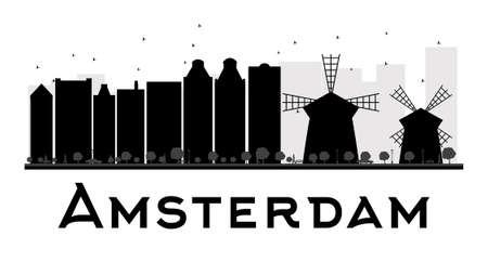 Amsterdam City skyline black and white silhouette. Vector illustration. Simple flat concept for tourism presentation, banner, placard or web site. Business travel concept. Cityscape with landmarksのイラスト素材