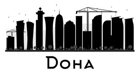 Doha City skyline black and white silhouette. Vector illustration. Simple flat concept for tourism presentation, banner, placard or web site. Business travel concept. Cityscape with landmarksのイラスト素材
