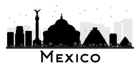 Mexico City skyline black and white silhouette. Vector illustration. Simple flat concept for tourism presentation, banner, placard or web site. Business travel concept. Cityscape with landmarksのイラスト素材