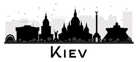 Kiev City skyline black and white silhouette. Vector illustration. Simple flat concept for tourism presentation, banner, placard or web site. Business travel concept. Cityscape with landmarksのイラスト素材