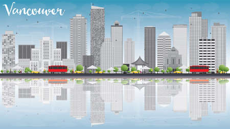 Vancouver skyline with grey buildings, blue sky and reflections. Vector illustration. Business travel and tourism concept with place for text. Image for presentation, banner, placard and web site.のイラスト素材