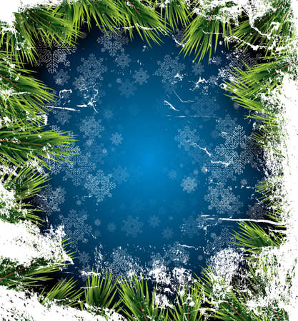 Christmas card with white snowflakes on blue background, pine branch and icy texture. New Year invitation. Christmas party flyer template with copy space. Vector illustrationのイラスト素材