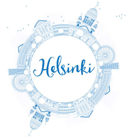 Outline Helsinki skyline with blue buildings and copy space. Business travel and tourism concept with place for text. Image for presentation, banner, placard and web site. Vector Illustrationのイラスト素材