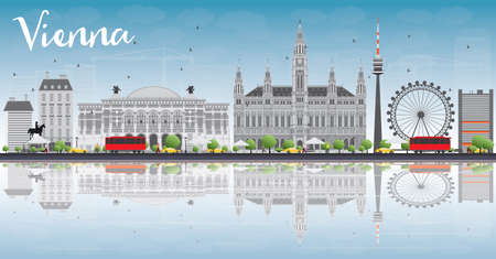 Vienna Skyline with Gray Buildings, Blue Sky and Reflections. Vector Illustration. Business Travel and Tourism Concept with Historic Buildings. Image for Presentation, Banner, Placard and Web Site.のイラスト素材