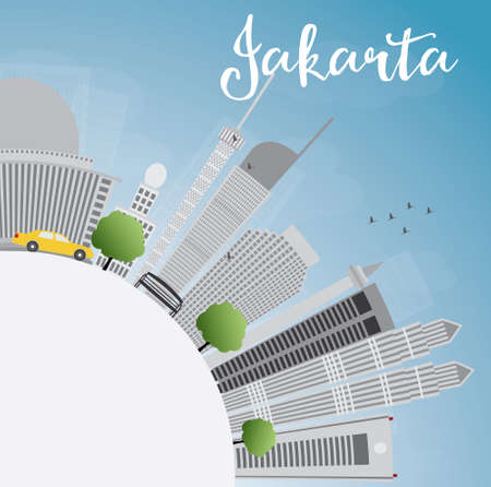 Jakarta skyline with grey landmarks, blue sky and copy space. Vector illustration. Business travel and tourism concept with place for text. Image for presentation, banner, placard and web site.のイラスト素材