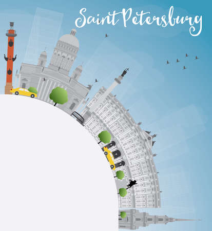 Saint Petersburg skyline with gray landmarks and copy space. Business travel and tourism concept with historic buildings. Image for presentation, banner, placard and web site. Vector illustrationのイラスト素材