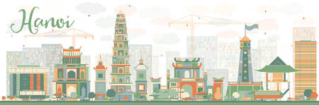 Abstract Hanoi skyline with color landmarks. Vector illustration. Business travel and tourism concept with historic buildings. Image for presentation, banner, placard and web site.のイラスト素材
