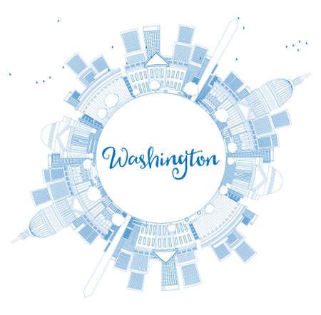 Outline Washington DC Skyline with Copy Space and Blue Buildings. Business travel and tourism concept with place for text. Image for presentation, banner, placard and web site Vector illustration.のイラスト素材