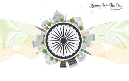 Happy Indian Republic Day celebration. Vector illustration. Concept with indian Landmarks and copy space. Buildings on white backgroundのイラスト素材