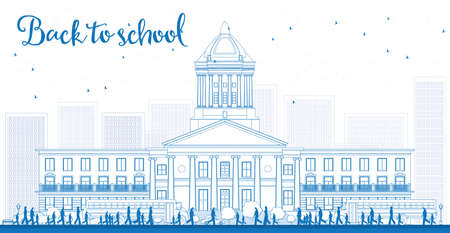 Outline Landscape with school bus, school building and people. Vector illustration. Education concept.のイラスト素材