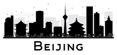 Beijing City skyline black and white silhouette. Vector illustration. Simple flat concept for tourism presentation, banner, placard or web. Business travel concept. Cityscape with landmarksのイラスト素材