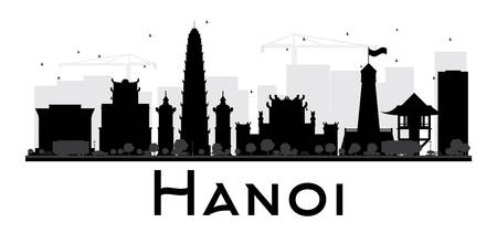 Hanoi City skyline black and white silhouette. Vector illustration. Simple flat concept for tourism presentation, banner, placard or web site. Business travel concept. Cityscape with famous landmarksのイラスト素材