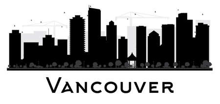 Vancouver City skyline black and white silhouette. Vector illustration. Simple flat concept for tourism presentation, banner, placard or web site. Business travel concept. Cityscape with famous landmarksのイラスト素材