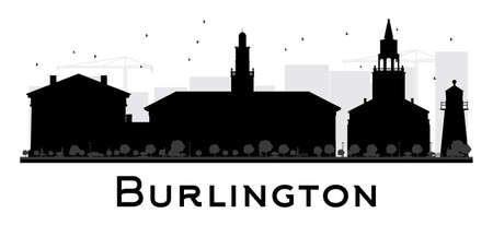 Burlington City skyline black and white silhouette. Vector illustration. Simple flat concept for tourism presentation, banner, placard or web. Business travel concept. Cityscape with landmarksのイラスト素材