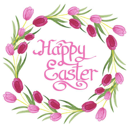 Happy Easter Text inside Watercolor Tulips wreath on white background. Watercolor illustration with text. Flower easter concept. Easter Design Element for Your Worksの写真素材
