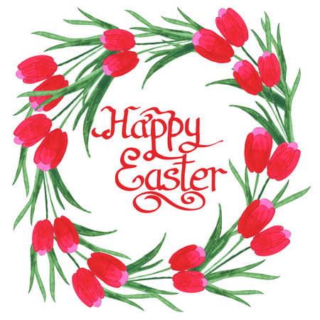 Happy Easter Text inside watercolor Tulips wreath on white background. Watercolor illustration with text. Flower concept for easter.の写真素材