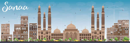 Sanaa (Yemen) Skyline with Brown Buildings and Blue Sky. Vector Illustration. Business Travel and Tourism Concept with Historic Buildings. Image for Presentation Banner, Placard and Web Site.のイラスト素材