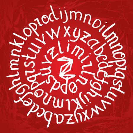 Abstract round lettering on red gradient background with texture. Vector alphabet. Hand drawn...