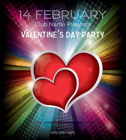 Happy Valentines Day Party Flyer Design Template on Rainbow Background. Vector Illustration. Club Flyer Concept with Two Red Hearts and Copy Space.のイラスト素材