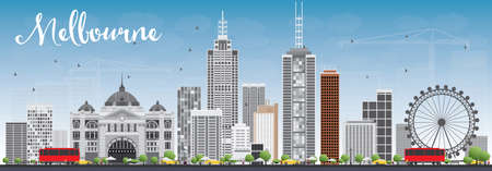 Melbourne Skyline with Gray Buildings and Blue Sky. Vector Illustration. Business Travel and Tourism Concept with Modern Buildings. Image for Presentation Banner Placard and Web Site.のイラスト素材