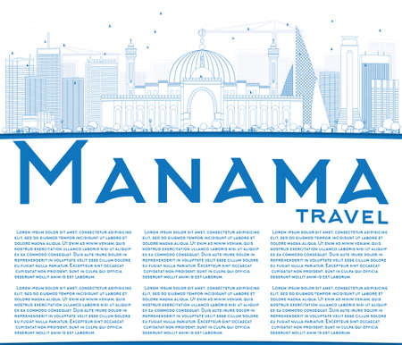 Outline Manama Skyline with Blue Buildings and Copy Space. Vector Illustration. Business Travel and Tourism Concept with Modern Buildings. Image for Presentation Banner Placard and Web Site.のイラスト素材