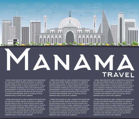 Manama Skyline with Gray Buildings and Copy Space. Vector Illustration. Business Travel and Tourism Concept with Modern Buildings. Image for Presentation Banner Placard and Web Site.のイラスト素材