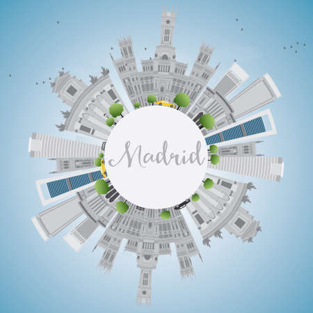 Madrid Skyline with Gray Buildings, Blue Sky and Copy Space. Business Travel and Tourism Concept with Historic Buildings. Image for Presentation, Banner, Placard and Web Site. Vector Illustration.のイラスト素材