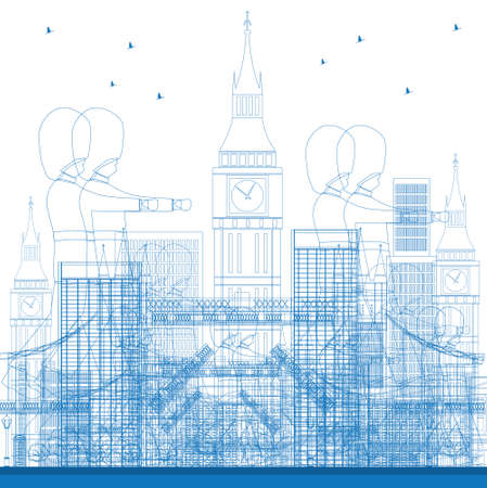 Outline London skyline with blue buildings and soldiers. Vector illustration. Business and tourism concept with skyscrapers. Image for presentation, banner, placard or web siteのイラスト素材