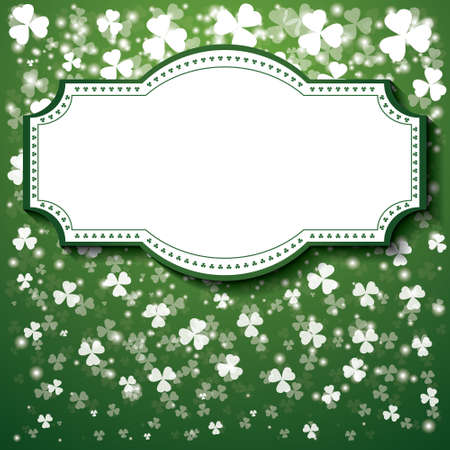 St. Patrick's Day Background with frame, lights and transparent clover leaves on green background. Vector illustration with copy space.のイラスト素材