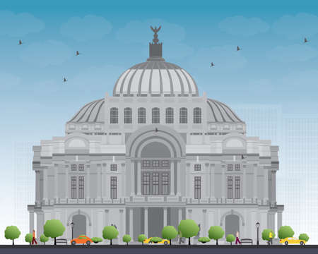 The Fine Arts Palace/Palacio de Bellas Artes in Mexico City, Mexico. Vector illustration. Business Travel and Tourism Concept with Historic Building. Image for Presentation Banner Placard and Web Site.のイラスト素材