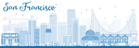 Outline San Francisco Skyline with Blue Buildings. Vector Illustration. Business Travel and Tourism Concept with Modern Buildings. Image for Presentation Banner Placard and Web Site.のイラスト素材