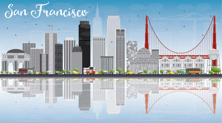 San Francisco Skyline with Gray Buildings, Blue Sky and Reflection. Vector Illustration. Business Travel and Tourism Concept with Modern Buildings. Image for Presentation Banner Placard and Web Site.のイラスト素材