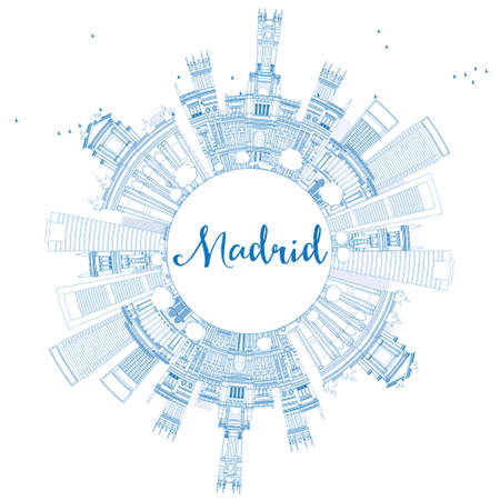 Outline Madrid Skyline with Blue Buildings and Copy Space. Business Travel and Tourism Concept with Historic Buildings. Image for Presentation, Banner, Placard and Web Site. Vector Illustration.のイラスト素材