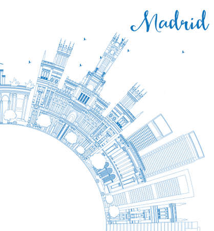 Outline Madrid Skyline with Blue Buildings and Copy Space. Business Travel and Tourism Concept with Historic Buildings. Image for Presentation, Banner, Placard and Web Site. Vector Illustration.のイラスト素材
