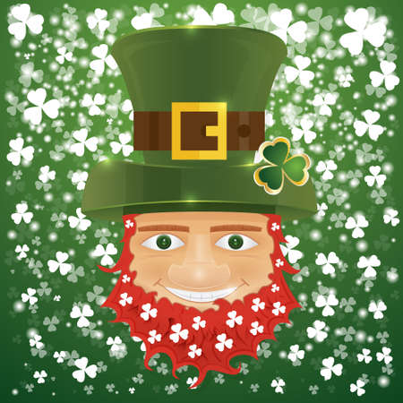 Portrait of Leprechaun. Irish man with clover leaves and hat. St. Patrick's Day design with copy space. Vector illustration.のイラスト素材