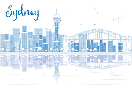 Outline Sydney City skyline with skyscrapers and reflections. Vector illustration. Business travel and tourism concept with place for text. Image for presentation, banner, placard and web site.のイラスト素材