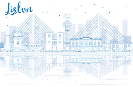 Outline Lisbon city skyline with blue buildings. Vector illustration. Business travel and tourism concept with place for text. Image for presentation, banner, placard and web site.のイラスト素材