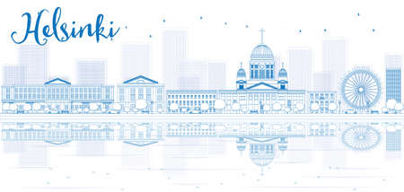 Outline Helsinki skyline with blue buildings and reflections. Vector illustration. Business travel and tourism concept with place for text. Image for presentation, banner, placard and web site.のイラスト素材