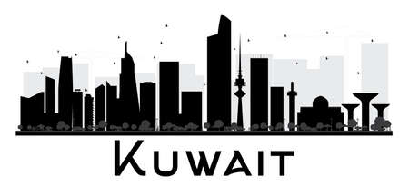 Kuwait City skyline black and white silhouette. Vector illustration. Simple flat concept for tourism presentation, banner, placard or web site. Business travel concept. Cityscape with landmarksのイラスト素材