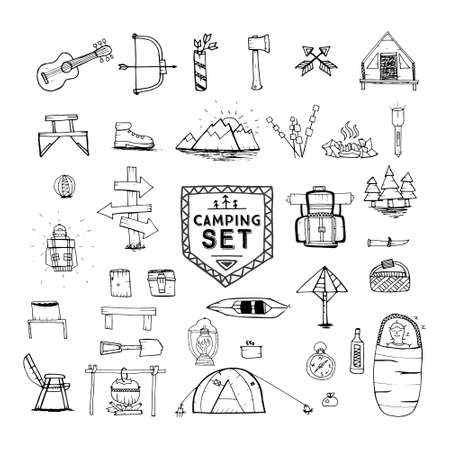 Hand drawn camping, hiking or mountain climbing icons set. Travel and adventure collection. Vector illustration. Objects isolated on white.のイラスト素材
