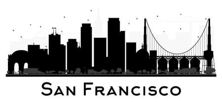 San Francisco City skyline black and white silhouette. Vector illustration. Simple flat concept for tourism presentation, banner, placard or web site. Business travel concept. Cityscape with landmarksのイラスト素材
