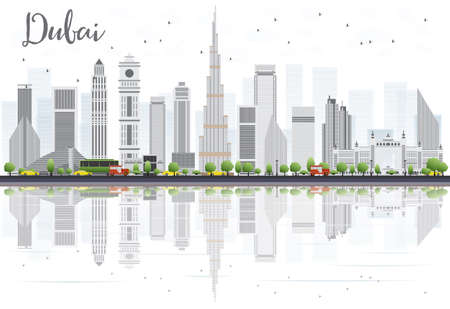 Dubai City skyline with Gray Skyscrapers and Reflections Isolated on White. Vector illustration. Business Travel and Tourism Concept with Modern Buildings. Image for Presentation Banner Placard and Web Site.のイラスト素材