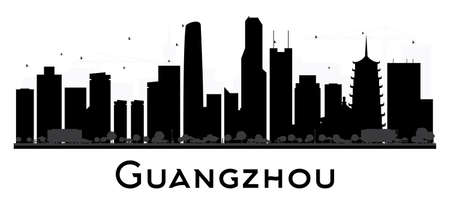 Guangzhou City skyline black and white silhouette. Vector illustration. Simple flat concept for tourism presentation, banner, placard or web site. Business travel concept. Cityscape with landmarksのイラスト素材