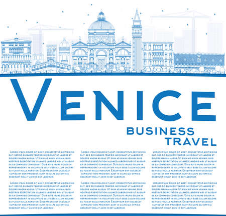 Outline Venice Skyline Silhouette with Blue Buildings. Vector Illustration. Business Travel and Tourism Concept with Copy Space. Image for Presentation Banner and Placard.のイラスト素材