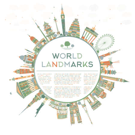 Abstract travel concept around the world with famous international landmarks. illustration with copy space. Business or tourism travel concept with place for text. Illustration for banner, placardのイラスト素材